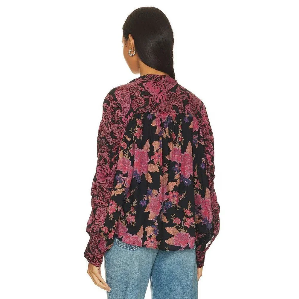 Free People Maraya Button Top in Black Combo XSmall New Womens Blouse